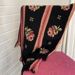 Classic Rose Design Knitted With Cross-stitch Overlay Throw Afagan Blanket Shaw